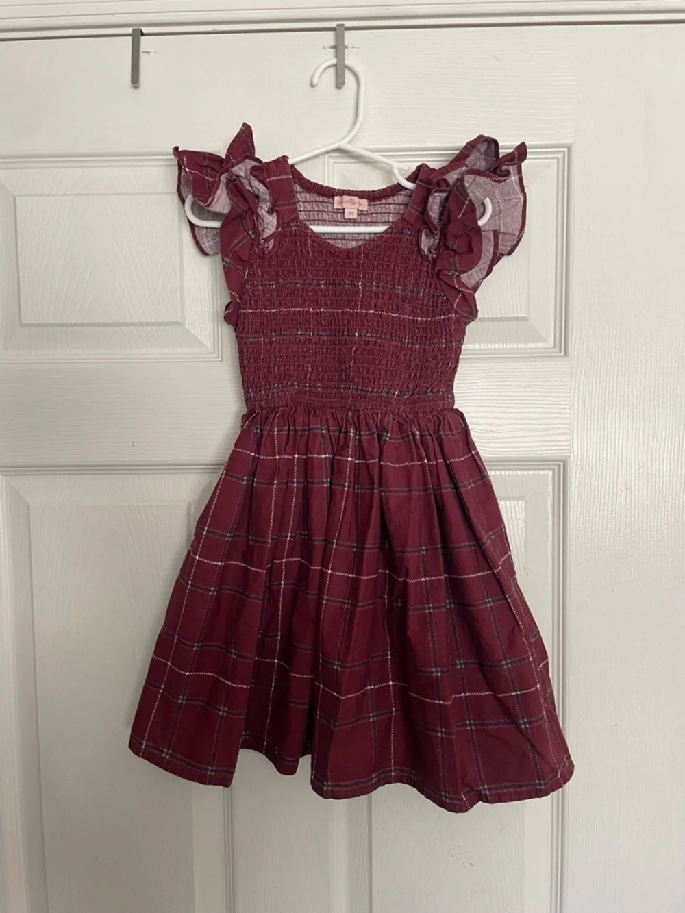Ivy City Co 100% Cotton Girls Smocked Burgundy Plaid Dress with Ruffle Sleeves